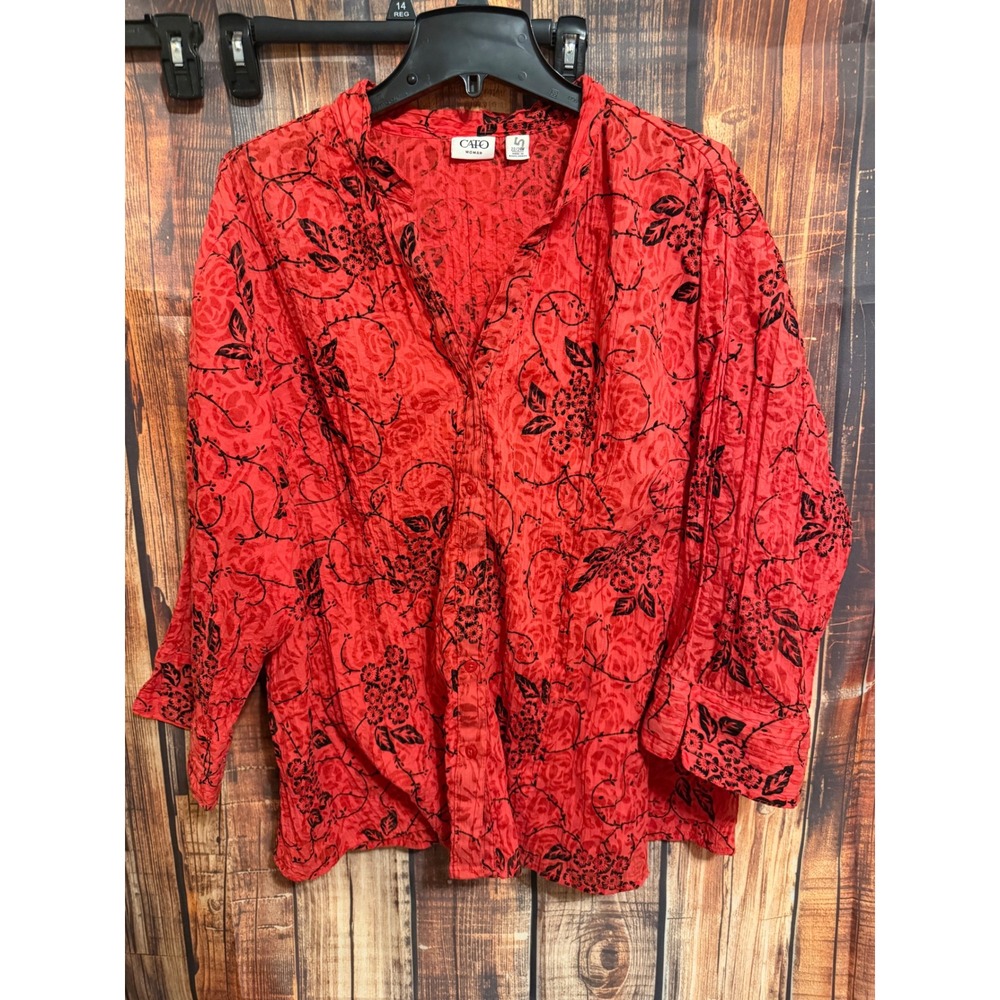 Cato Woman Red Black Floral Button Down Shirt 3/4 Sleeve Plus Size 22/24W